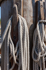 Chains, ropes, at the mast of a historic galleon, Porto Antico, Old Port of Genoa, Liguria, Italy, Europe
