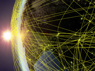 Bhutan from space on model of Earth during sunset with international network. Concept of digital communication or travel.