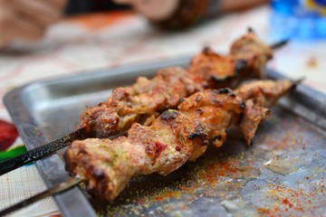 Chinese lamb meat skewers in Xinjiang Uyghur style barbeque - obrazy, fototapety, plakaty