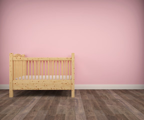 Kids room with pink wall, parquet floor and baby bed in Swiss pine. 3d architecture visualization