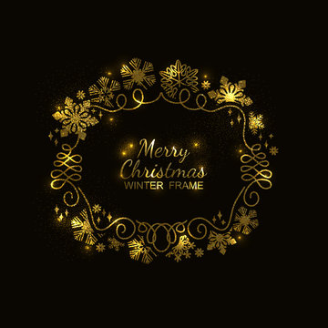 Gold glitter snowflake frame, festive decoration on black background, Christmas design for invitation, greeting card or postcard. Vector illustration, merry xmas flake framework