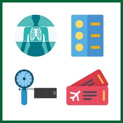 4 check icon. Vector illustration check set. blood pressure and plane ticket icons for check works