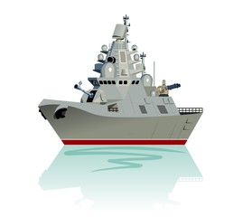 Vector cartoon modern military frigate isolated on white. © Mechanik