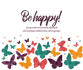 Greeting card. Butterfly pink purple yellow on white background. Vector illustration. card happy birthday, invitation card. flyer banner .Background template. hand drawing