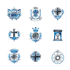 Fototapeta premium Ancient Crosses Crown Stars and flowers emblems set. Heraldic Coat of Arms, vintage vector logos collection.