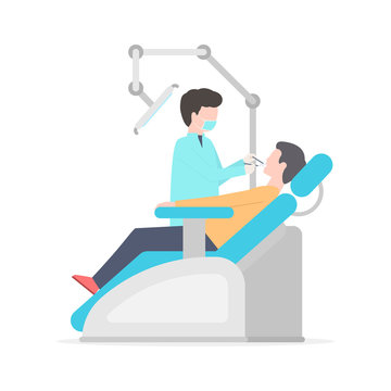 Dentist with tools in his hands  examining patient man teeth on the chair. Dental office. Vector illustration of flat design isolated on white background