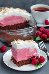 Piece of baked Alaska with chocolate sponge cake, raspberry ice cream and meringues, on white plate, vertical
