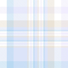 Plaid pattern in pastel blue, tan and white. Seamless fabric texture.