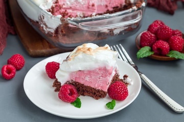 Piece of baked Alaska with chocolate sponge cake, raspberry ice cream and meringues, on white plate, horizontal