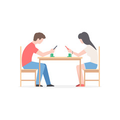 Couple with smartphones in a cafe or restaurant. Man and woman sitting at a table and holding phones. Social media addiction concept. Vector illustration isolated