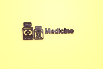 Text Medicine with violet 3D illustration and yellow background