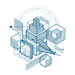 Isometric abstract background with linear dimensional shapes, vector 3d mesh elements. Composition of cubes, hexagons, squares, rectangles and different abstract elements.