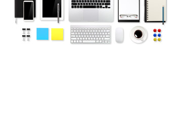 flat lay workspace table with laptop computer, office supplies, coffee cup, cell phone, tablet and coffee cup on white background