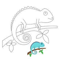 drawing worksheet for preschool kids with easy gaming level of difficulty. Simple educational game for kids. Illustration of chameleon sitting on the branch for toddlers © olha_oleskova