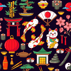 Japan traditional symbols cartoon seamless vector pattern