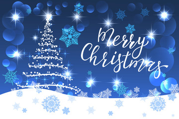 blue christmas card with white fir tree glittering stars and snowflakes