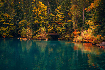 Autumn time at romantic forest lake Blausee, Switzerland.