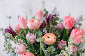 bunch of different pink roses flowers, spring mood