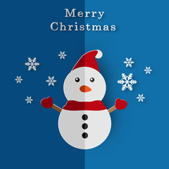 Merry Christmas card with paper snowman and snowflake