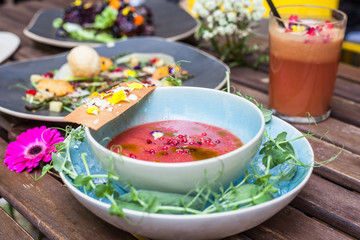 Strawberry and tomato gazpacho with red pepper