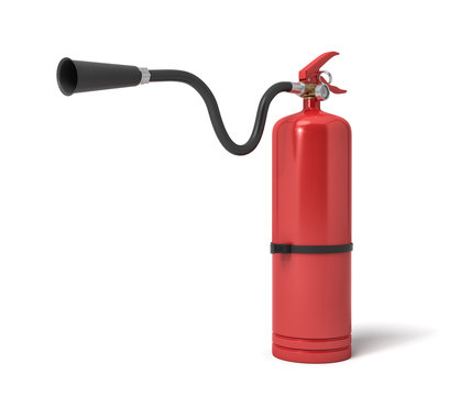 3d rendering of a single red fire extinguisher with its hose lifted up the nozzle pointed straight.