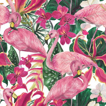 Watercolor painting seamless pattern with flamingo birds and tropical leaves
