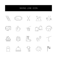 Line icons set. Skiing pack. Vector illustration	