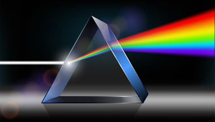 Optics physics. The white light shines through the prism. Produce rainbow colors in 3D illustrator. - obrazy, fototapety, plakaty