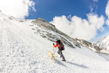 Man and dog labrador hike the cloudy mountains