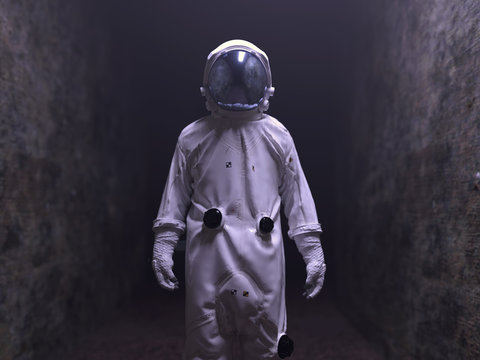 Astronaut Walking In The Dark Tunnel