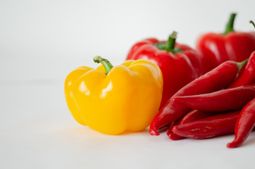 Fresh red and yellow peppers  on white background, pepper isolated,