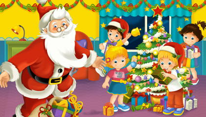 Obraz na płótnie Canvas cartoon scene with boys and girls in a room with santa claus full of presents and christmas tree - illustration for children