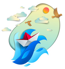 Paper ship swimming in sea waves, origami folded toy boat floating in the ocean with beautiful scenic seascape with birds and clouds in the sky, vector illustration.