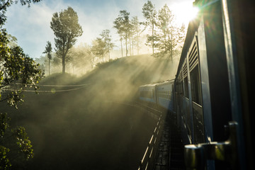 sunrise, fog and a train