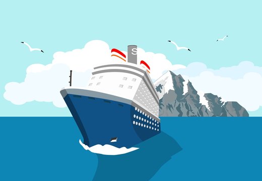 Blue cruise liner swimming in the ocean, tropical islands vector illustration