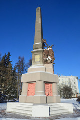 Russia, Arkhangelsk. Obelisk to the conquerors of the North on Trinity (Troitsky) Avenue, 1930 year...