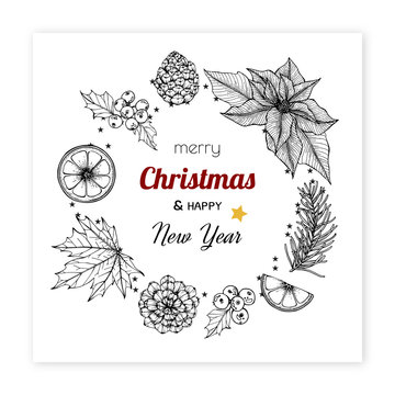 Christmas and New Year backgrounds and greeting card. with flower and leaf hand drawn illustration.