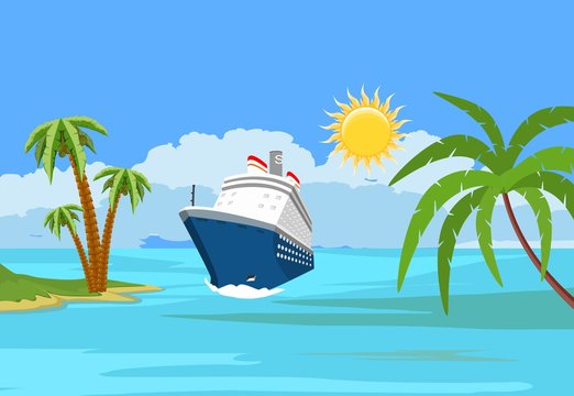   Ocean landscape, blue cruise liner, rocky islands in the horizon, vector illustration