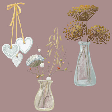Vases with floral arrangment and heart garland, boho lifestyl objects isolated, clipping path included for quick isolation. Raster illustration