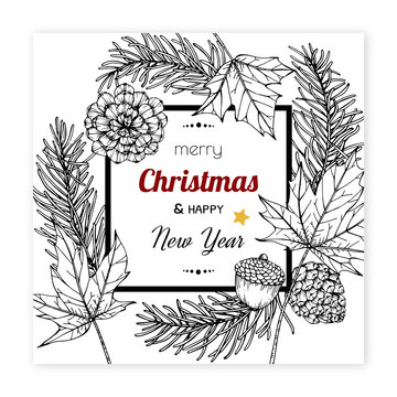 Christmas and New Year backgrounds and greeting card. with flower and leaf hand drawn illustration.