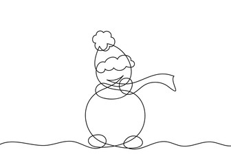 One line drawing of snowman, Black and white vector minimalistic linear illustration made of continuous line