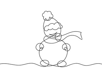 One line drawing of snowman, Black and white vector minimalistic linear illustration made of continuous line
