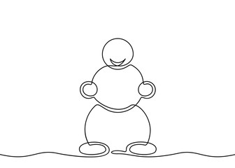 One line drawing of snowman, Black and white vector minimalistic linear illustration made of continuous line