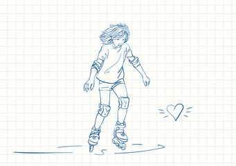 Teenage girl with long hair learning to skate on rollers, Blue pen sketch on square grid notebook page, Hand drawn vector linear illustration