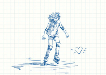 Teenage girl with long hair learning to skate on rollers, Blue pen sketch on square grid notebook page, Hand drawn vector illustration