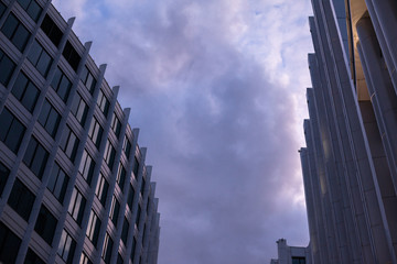 Office buildings in cityscape with a sky blue