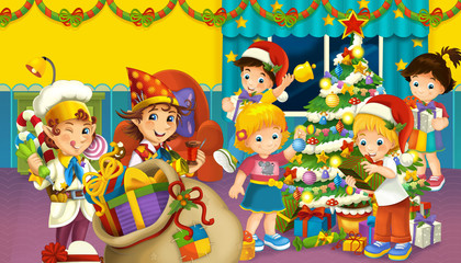 Plakat cartoon scene with boys and girls in a room full of presents and christmas tree - illustration for children