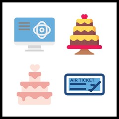4 table icon. Vector illustration table set. plane ticket and wedding cake icons for table works
