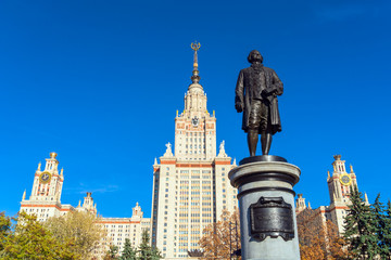 Monument to the famous Russian scientist Mikhail Lomonosov (1953) in front of the main building of...