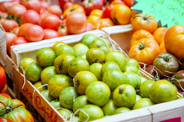 Fresh colorful tomatoes at the stall in a city market in France